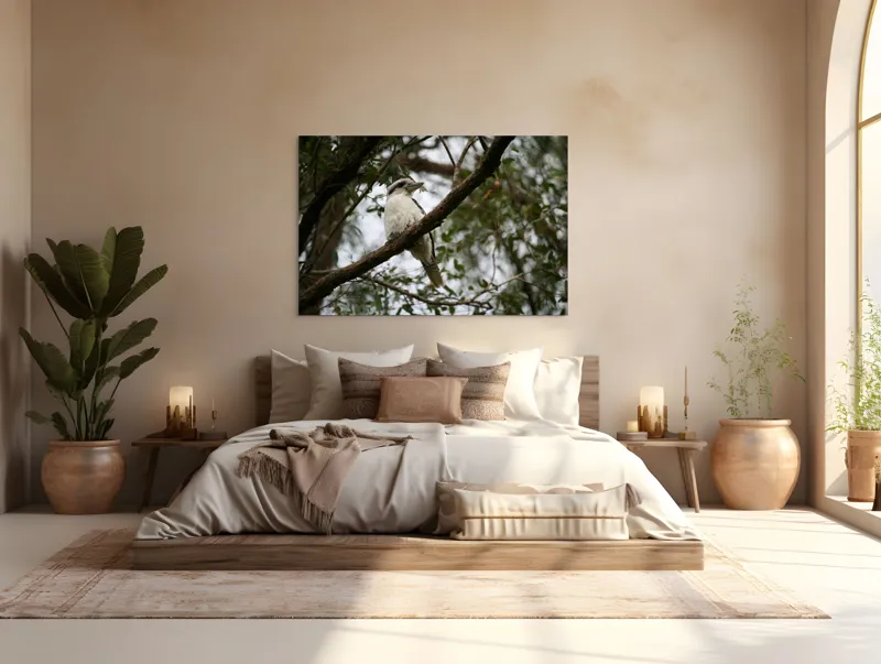 Tablou Canvas, "Pasărea râzătoare pe creanga pădurii", Pasăre, Crengi, Frunziș, Cer, Pene, Natură, Observație, Tranquilitate, Habitat, Copaci, 150 x 100 cm – poza 4