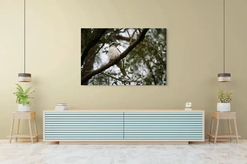 Tablou Canvas, "Pasărea râzătoare pe creanga pădurii", Pasăre, Crengi, Frunziș, Cer, Pene, Natură, Observație, Tranquilitate, Habitat, Copaci, 150 x 100 cm – poza 6