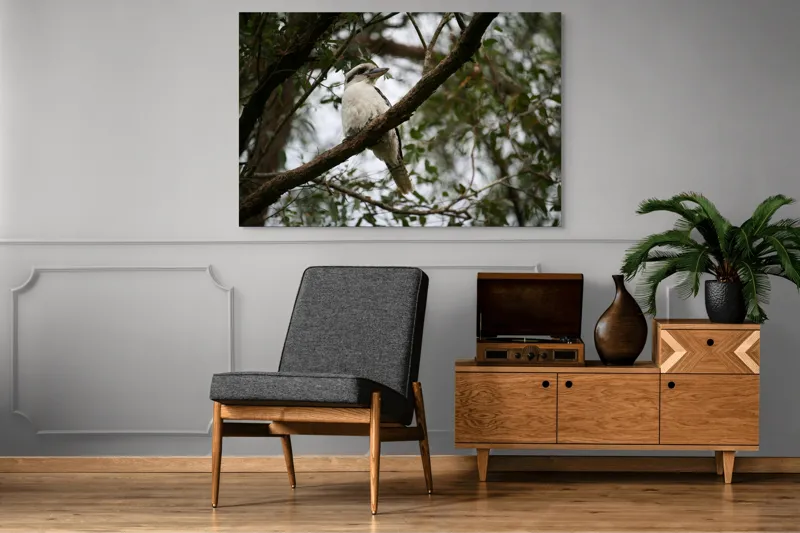 Tablou Canvas, "Pasărea râzătoare pe creanga pădurii", Pasăre, Crengi, Frunziș, Cer, Pene, Natură, Observație, Tranquilitate, Habitat, Copaci, 150 x 100 cm – poza 8