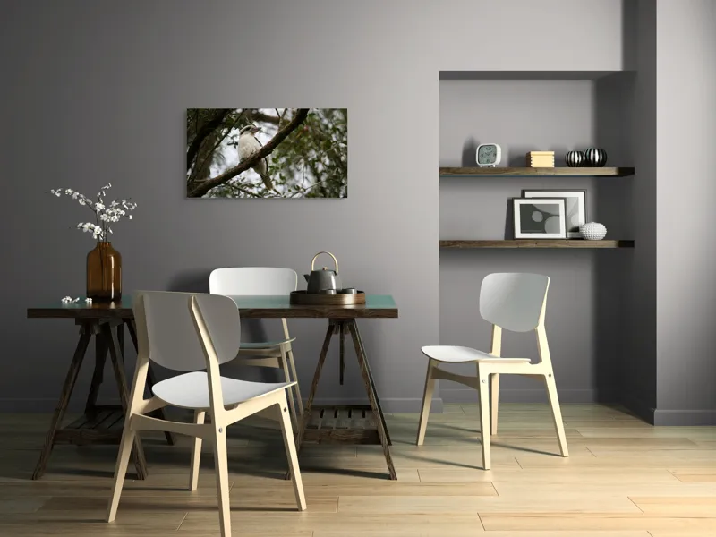 Tablou Canvas, "Pasărea râzătoare pe creanga pădurii", Pasăre, Crengi, Frunziș, Cer, Pene, Natură, Observație, Tranquilitate, Habitat, Copaci, 90 x 50 cm – poza 3