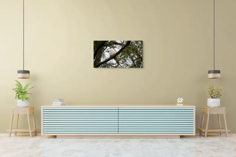 Tablou Canvas, "Pasărea râzătoare pe creanga pădurii", Pasăre, Crengi, Frunziș, Cer, Pene, Natură, Observație, Tranquilitate, Habitat, Copaci, 90 x 50 cm – poza 5