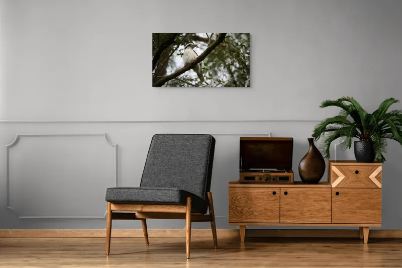 Tablou Canvas, "Pasărea râzătoare pe creanga pădurii", Pasăre, Crengi, Frunziș, Cer, Pene, Natură, Observație, Tranquilitate, Habitat, Copaci, 90 x 50 cm – poza 6