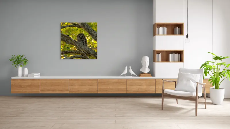 Tablou Canvas, "Bufnița ascunsă în ramuri verzi", Bufniță, Ramuri, Verdeață, Lumină, Camuflaj, Natură, Frunziș, 100 x 100 cm – poza 8