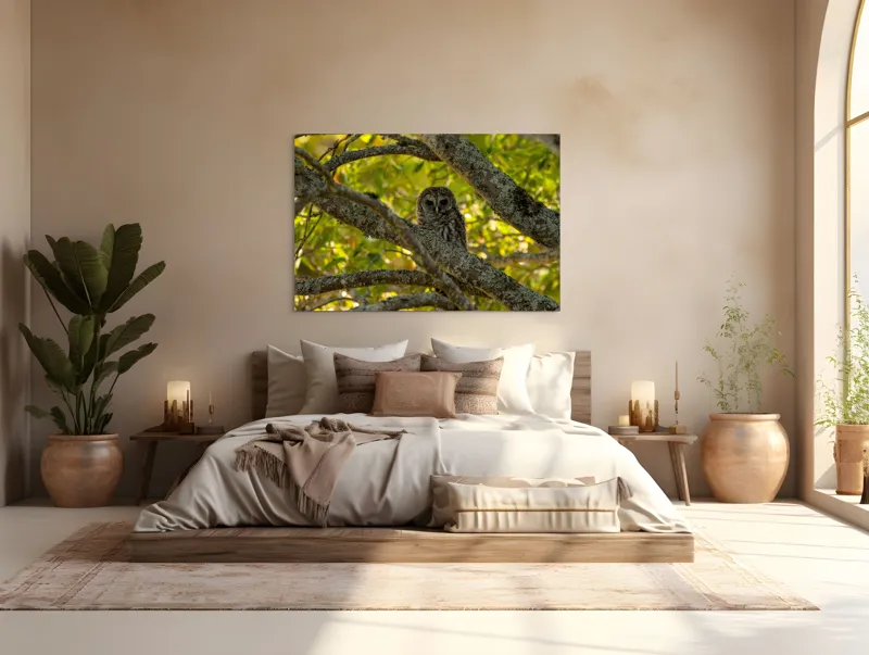Tablou Canvas, "Bufnița ascunsă în ramuri verzi", Bufniță, Ramuri, Verdeață, Lumină, Camuflaj, Natură, Frunziș, 150 x 100 cm – poza 4