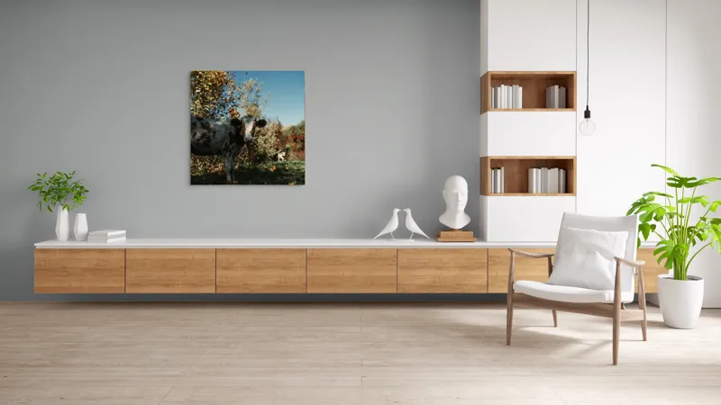 Tablou Canvas, "Vaca în mijlocul naturii toamna", Vacă, Pădure, Toamnă, Copaci, Cer, Iarbă, Frunze, 100 x 100 cm – poza 8