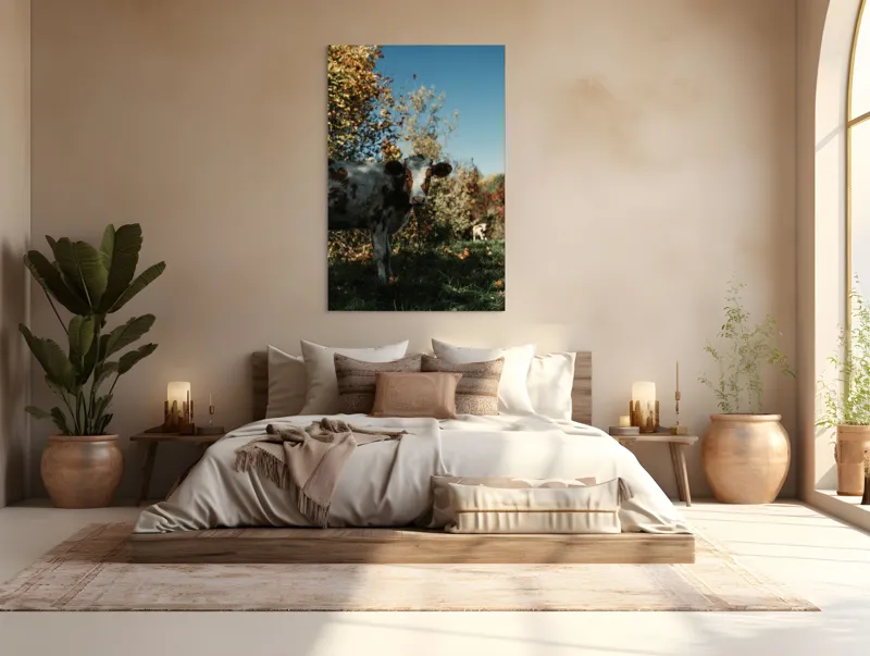 Tablou Canvas, "Vaca în mijlocul naturii toamna", Vacă, Pădure, Toamnă, Copaci, Cer, Iarbă, Frunze, 100 x 150 cm – poza 3