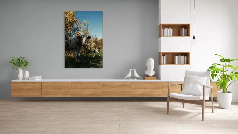 Tablou Canvas, "Vaca în mijlocul naturii toamna", Vacă, Pădure, Toamnă, Copaci, Cer, Iarbă, Frunze, 100 x 150 cm – poza 8