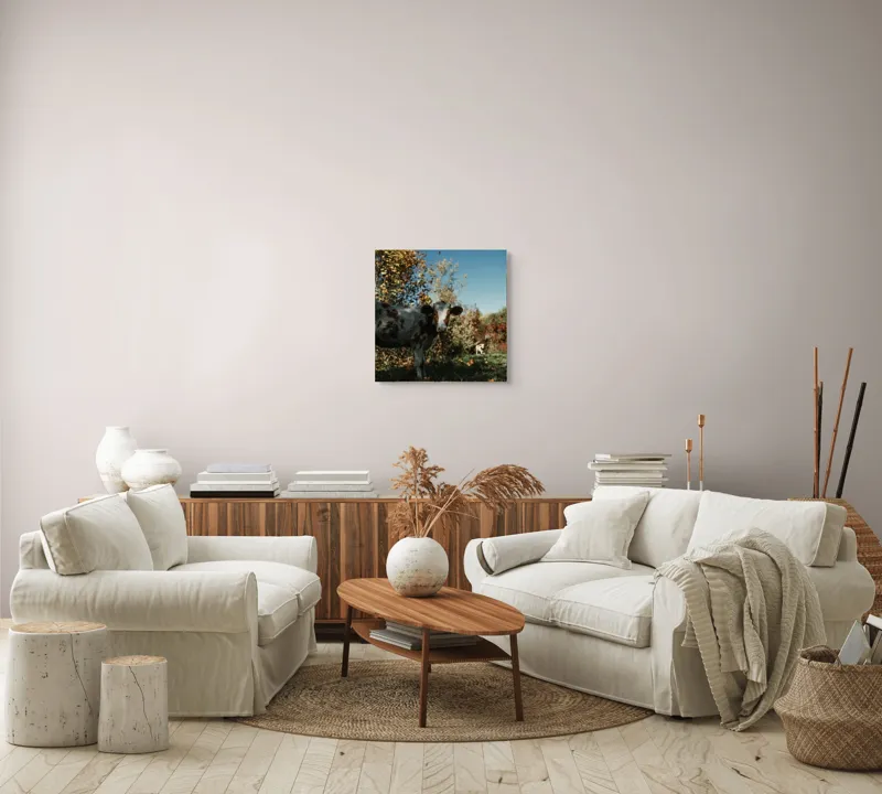 Tablou Canvas, "Vaca în mijlocul naturii toamna", Vacă, Pădure, Toamnă, Copaci, Cer, Iarbă, Frunze, 50 x 50 cm – poza 7