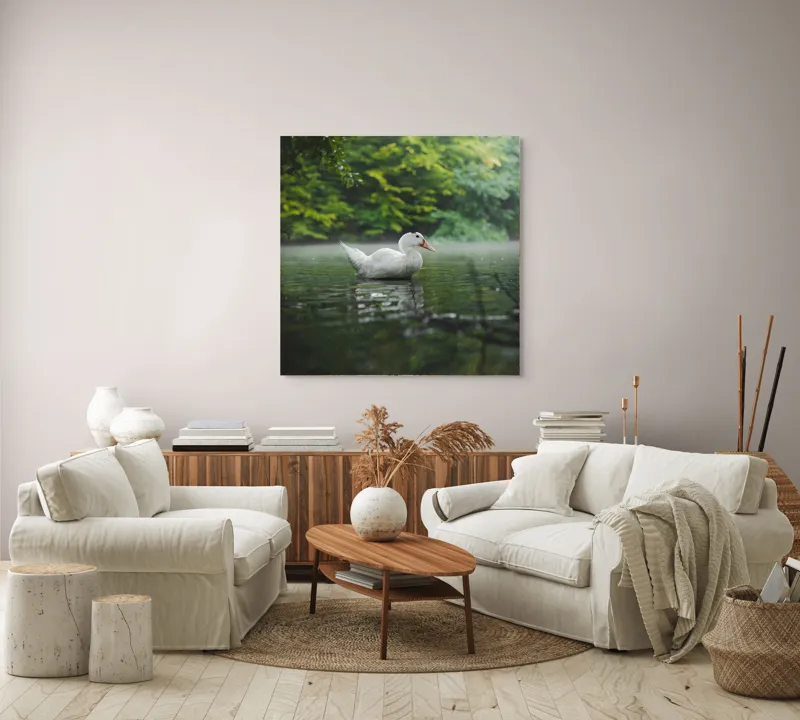 Tablou Canvas, "Rață albă pe lac liniștit", Calm, Reflective, Serene, Natural, Majestic, 100 x 100 cm – poza 3