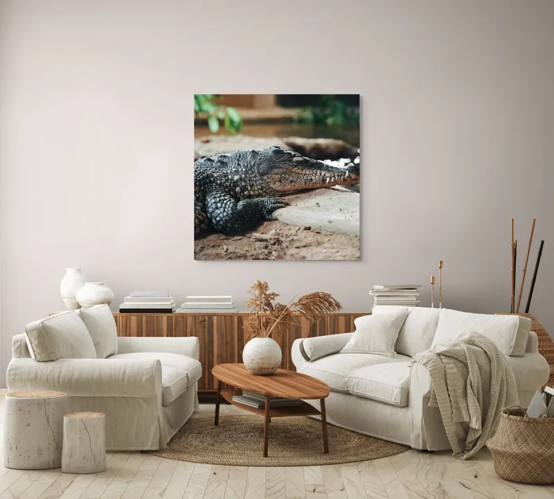 Tablou Canvas, "Odihna unui crocodil la mal", Scuter, Reptilă, Imobilitate, Textură, Relaxare, Apă, Habitat, Natură, 100 x 100 cm – poza 3