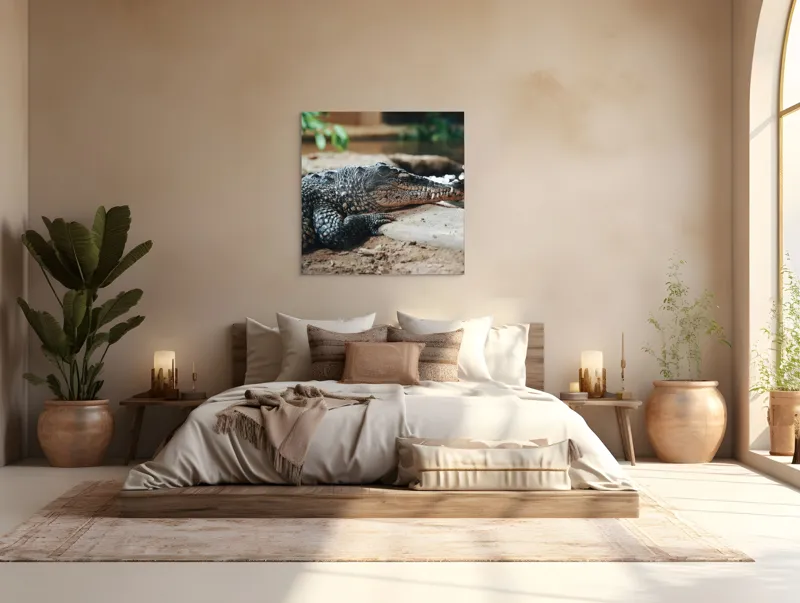 Tablou Canvas, "Odihna unui crocodil la mal", Scuter, Reptilă, Imobilitate, Textură, Relaxare, Apă, Habitat, Natură, 100 x 100 cm – poza 4