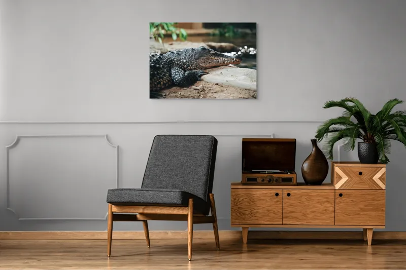 Tablou Canvas, "Odihna unui crocodil la mal", Scuter, Reptilă, Imobilitate, Textură, Relaxare, Apă, Habitat, Natură, 100 x 70 cm – poza 8