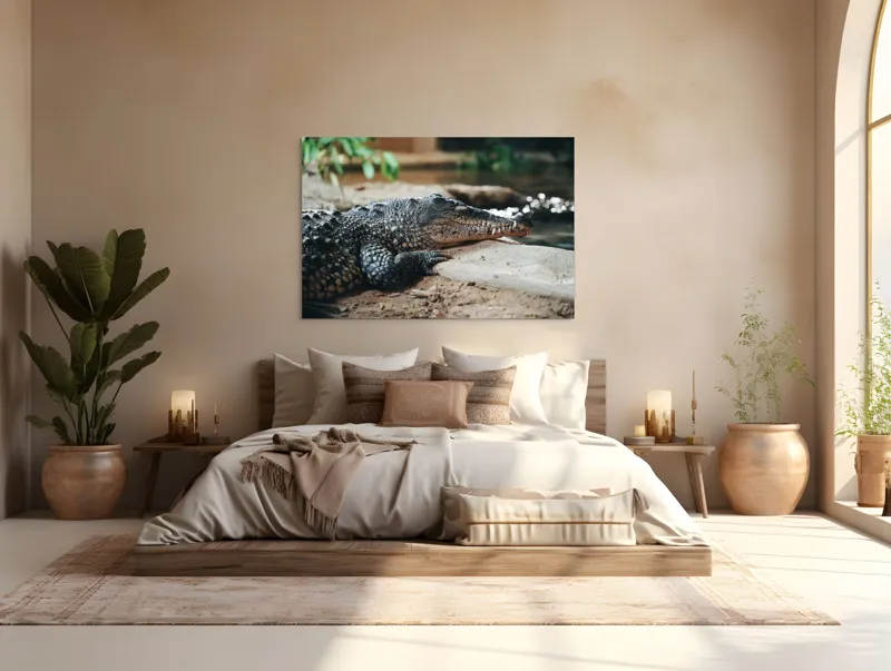 Tablou Canvas, "Odihna unui crocodil la mal", Scuter, Reptilă, Imobilitate, Textură, Relaxare, Apă, Habitat, Natură, 150 x 100 cm – poza 4