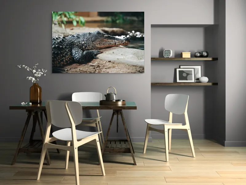 Tablou Canvas, "Odihna unui crocodil la mal", Scuter, Reptilă, Imobilitate, Textură, Relaxare, Apă, Habitat, Natură, 150 x 100 cm – poza 5