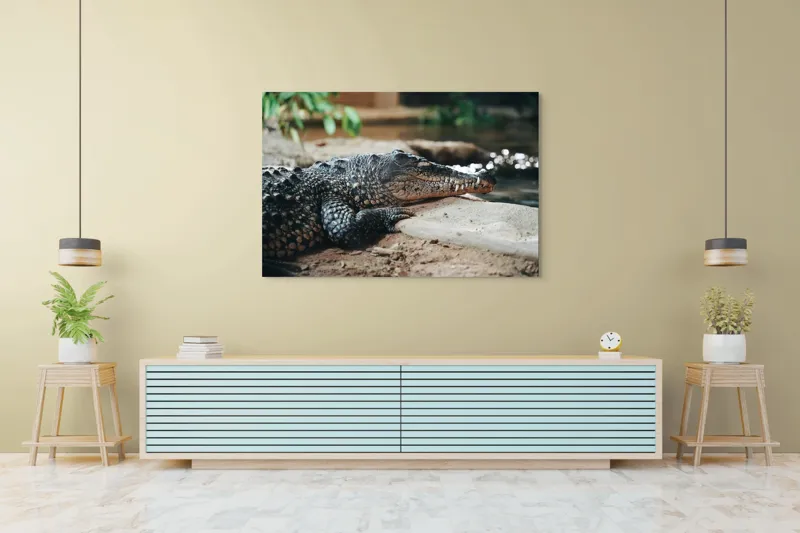 Tablou Canvas, "Odihna unui crocodil la mal", Scuter, Reptilă, Imobilitate, Textură, Relaxare, Apă, Habitat, Natură, 150 x 100 cm – poza 6