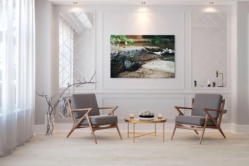 Tablou Canvas, "Odihna unui crocodil la mal", Scuter, Reptilă, Imobilitate, Textură, Relaxare, Apă, Habitat, Natură, 150 x 100 cm – poza 7