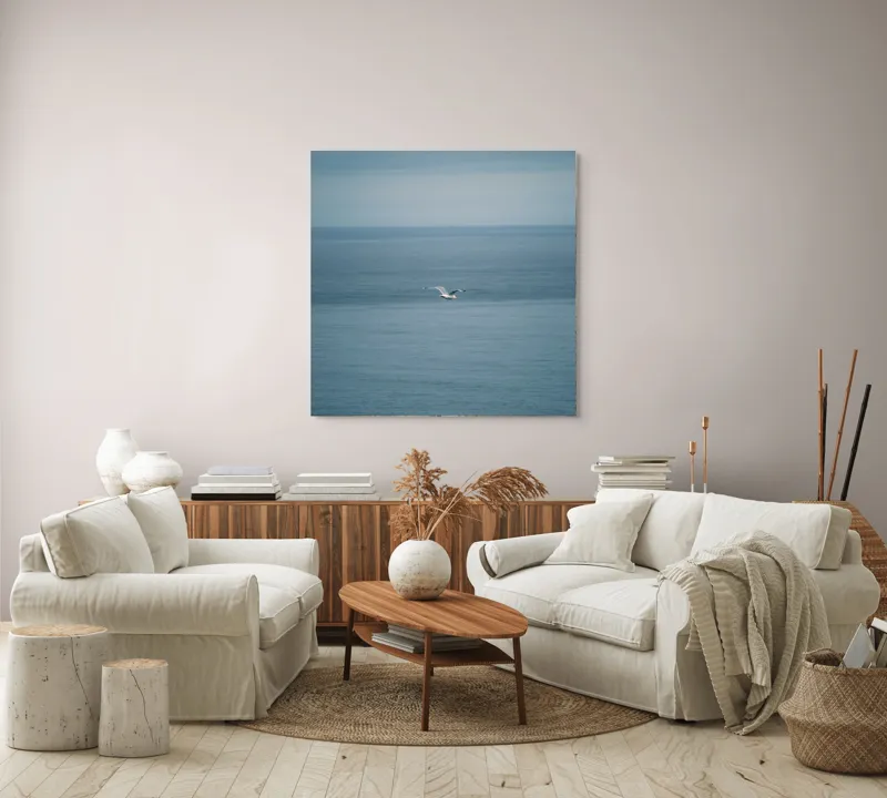 Tablou Canvas, "Pescărușul singuratic pe întinderea albastră", Vast, Serene, Tranquil, Endless, Majestic, 100 x 100 cm – poza 3