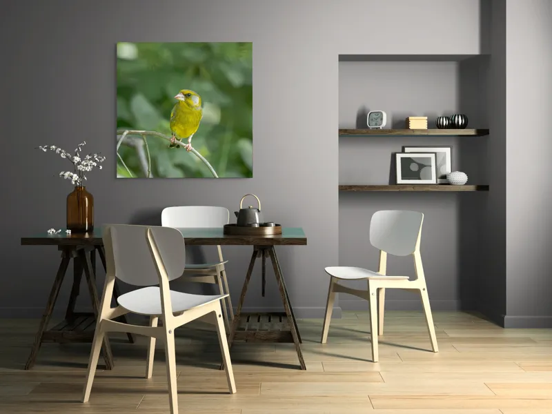 Tablou Canvas, "Măiastru pe ramura verde crudă", Verde, Pene, Creangă, Ochi, Cioc, Frunze, Ramură, Blând, Natură, Delicat, 100 x 100 cm – poza 6