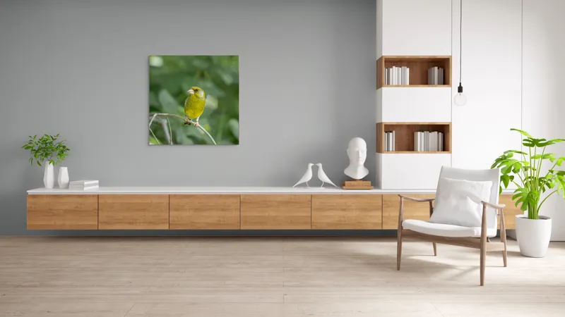 Tablou Canvas, "Măiastru pe ramura verde crudă", Verde, Pene, Creangă, Ochi, Cioc, Frunze, Ramură, Blând, Natură, Delicat, 100 x 100 cm – poza 8