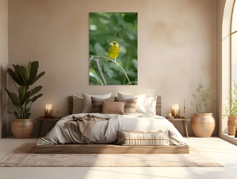 Tablou Canvas, "Măiastru pe ramura verde crudă", Verde, Pene, Creangă, Ochi, Cioc, Frunze, Ramură, Blând, Natură, Delicat, 100 x 150 cm – poza 3