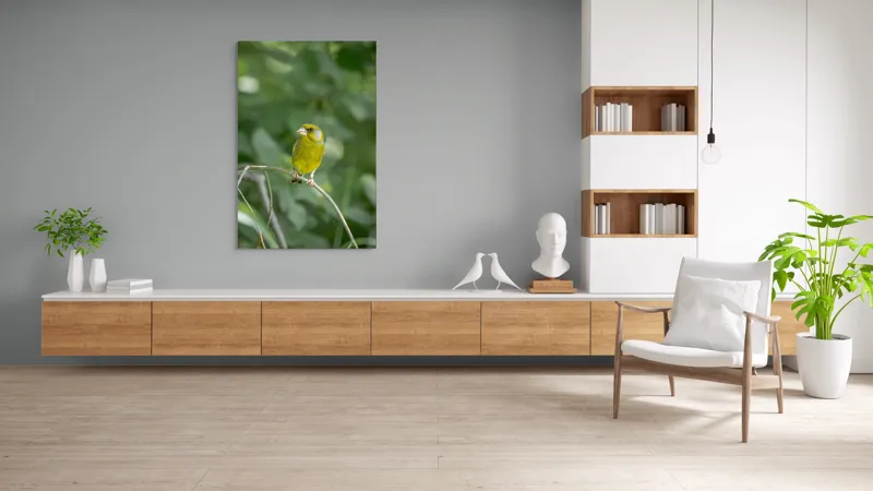 Tablou Canvas, "Măiastru pe ramura verde crudă", Verde, Pene, Creangă, Ochi, Cioc, Frunze, Ramură, Blând, Natură, Delicat, 100 x 150 cm – poza 8