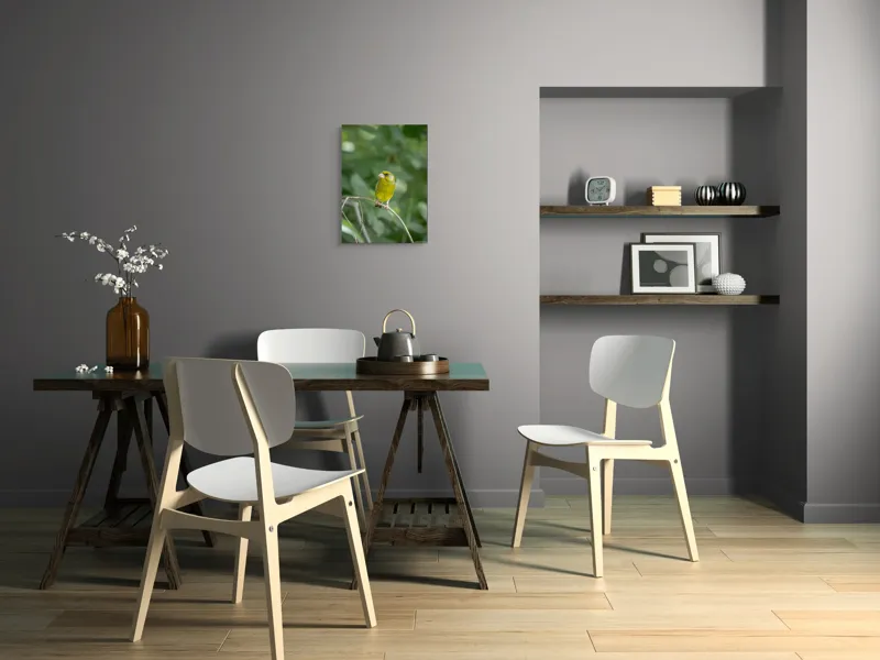 Tablou Canvas, "Măiastru pe ramura verde crudă", Verde, Pene, Creangă, Ochi, Cioc, Frunze, Ramură, Blând, Natură, Delicat, 39 x 54 cm – poza 7