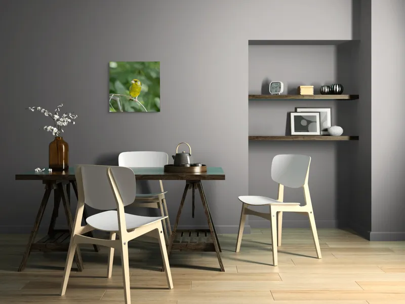 Tablou Canvas, "Măiastru pe ramura verde crudă", Verde, Pene, Creangă, Ochi, Cioc, Frunze, Ramură, Blând, Natură, Delicat, 50 x 50 cm – poza 8