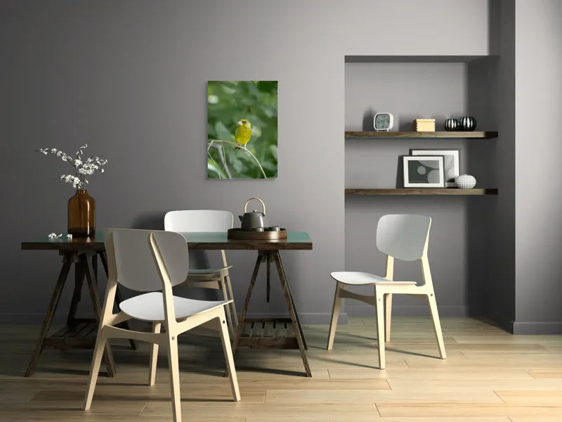 Tablou Canvas, "Măiastru pe ramura verde crudă", Verde, Pene, Creangă, Ochi, Cioc, Frunze, Ramură, Blând, Natură, Delicat, 50 x 70 cm – poza 5