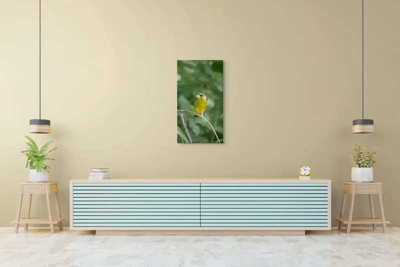 Tablou Canvas, "Măiastru pe ramura verde crudă", Verde, Pene, Creangă, Ochi, Cioc, Frunze, Ramură, Blând, Natură, Delicat, 50 x 90 cm – poza 6