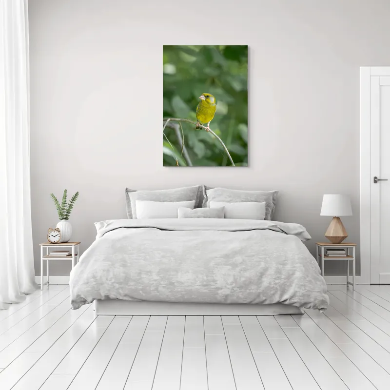 Tablou Canvas, "Măiastru pe ramura verde crudă", Verde, Pene, Creangă, Ochi, Cioc, Frunze, Ramură, Blând, Natură, Delicat, 70 x 100 cm – poza 3