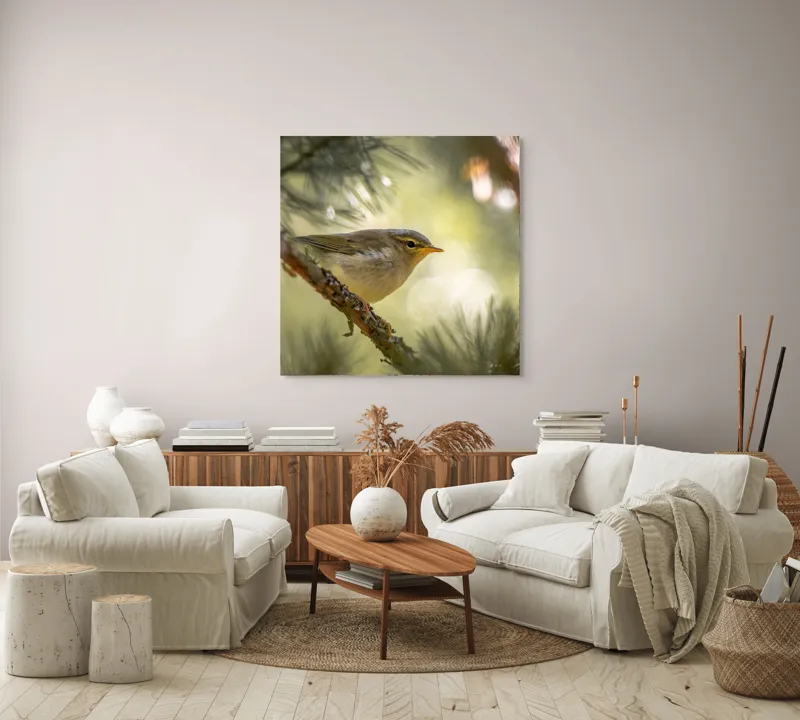 Tablou Canvas, "Pitic de pădure printre crengi verzi", Pene, Ramuri, Lumina, Verdeață, Pasăre, Natură, Lumină, Blândețe, Fragilitate, Delicatețe, 100 x 100 cm – poza 3