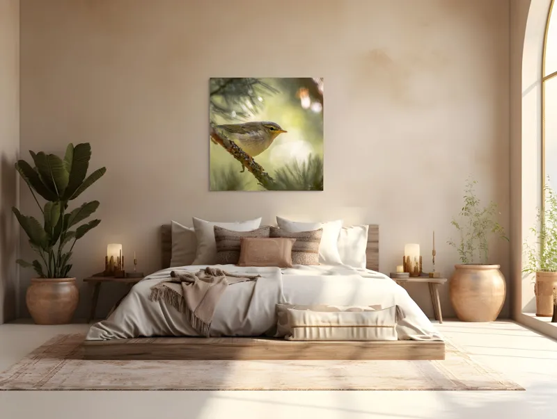 Tablou Canvas, "Pitic de pădure printre crengi verzi", Pene, Ramuri, Lumina, Verdeață, Pasăre, Natură, Lumină, Blândețe, Fragilitate, Delicatețe, 100 x 100 cm – poza 4