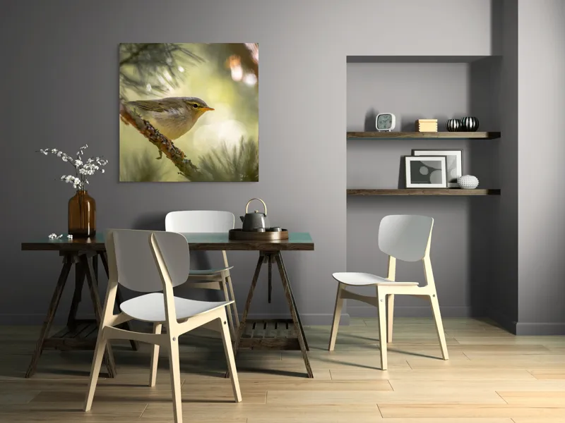 Tablou Canvas, "Pitic de pădure printre crengi verzi", Pene, Ramuri, Lumina, Verdeață, Pasăre, Natură, Lumină, Blândețe, Fragilitate, Delicatețe, 100 x 100 cm – poza 6