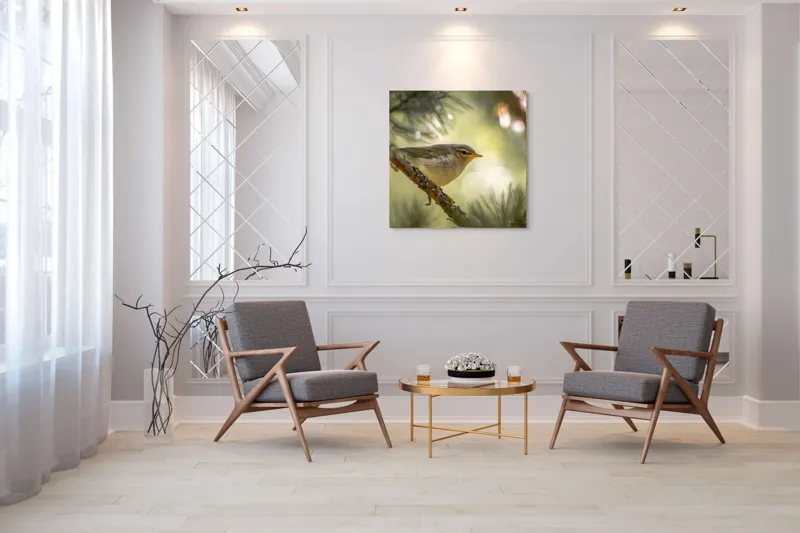 Tablou Canvas, "Pitic de pădure printre crengi verzi", Pene, Ramuri, Lumina, Verdeață, Pasăre, Natură, Lumină, Blândețe, Fragilitate, Delicatețe, 100 x 100 cm – poza 7