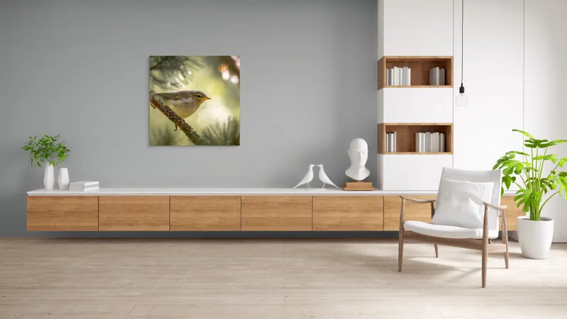 Tablou Canvas, "Pitic de pădure printre crengi verzi", Pene, Ramuri, Lumina, Verdeață, Pasăre, Natură, Lumină, Blândețe, Fragilitate, Delicatețe, 100 x 100 cm – poza 8