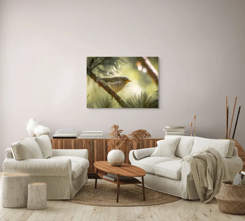 Tablou Canvas, "Pitic de pădure printre crengi verzi", Pene, Ramuri, Lumina, Verdeață, Pasăre, Natură, Lumină, Blândețe, Fragilitate, Delicatețe, 100 x 70 cm – poza 3