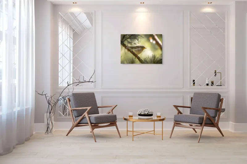 Tablou Canvas, "Pitic de pădure printre crengi verzi", Pene, Ramuri, Lumina, Verdeață, Pasăre, Natură, Lumină, Blândețe, Fragilitate, Delicatețe, 100 x 70 cm – poza 5