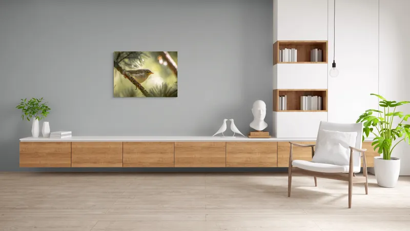 Tablou Canvas, "Pitic de pădure printre crengi verzi", Pene, Ramuri, Lumina, Verdeață, Pasăre, Natură, Lumină, Blândețe, Fragilitate, Delicatețe, 100 x 70 cm – poza 6