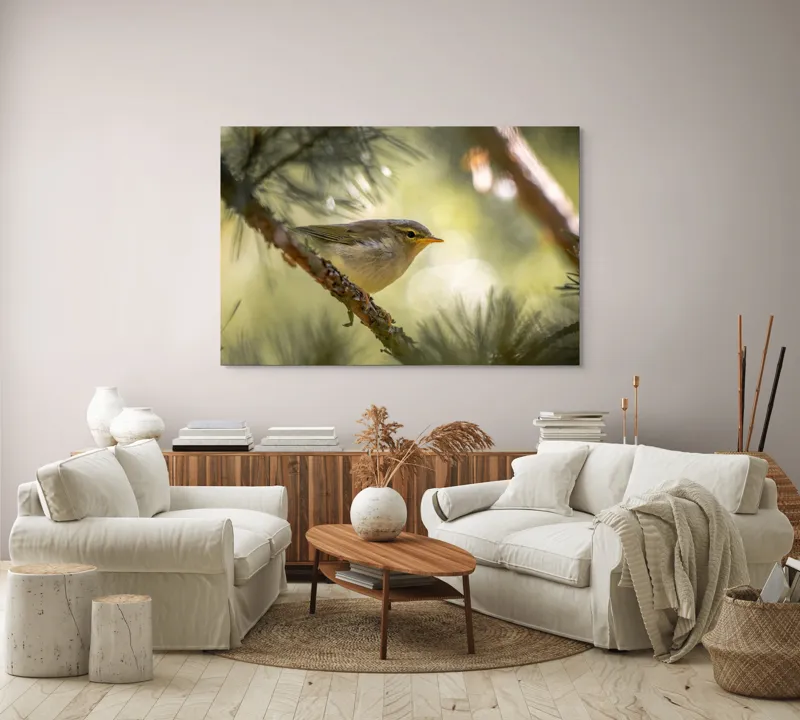 Tablou Canvas, "Pitic de pădure printre crengi verzi", Pene, Ramuri, Lumina, Verdeață, Pasăre, Natură, Lumină, Blândețe, Fragilitate, Delicatețe, 150 x 100 cm – poza 3