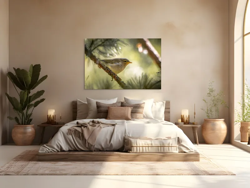 Tablou Canvas, "Pitic de pădure printre crengi verzi", Pene, Ramuri, Lumina, Verdeață, Pasăre, Natură, Lumină, Blândețe, Fragilitate, Delicatețe, 150 x 100 cm – poza 4
