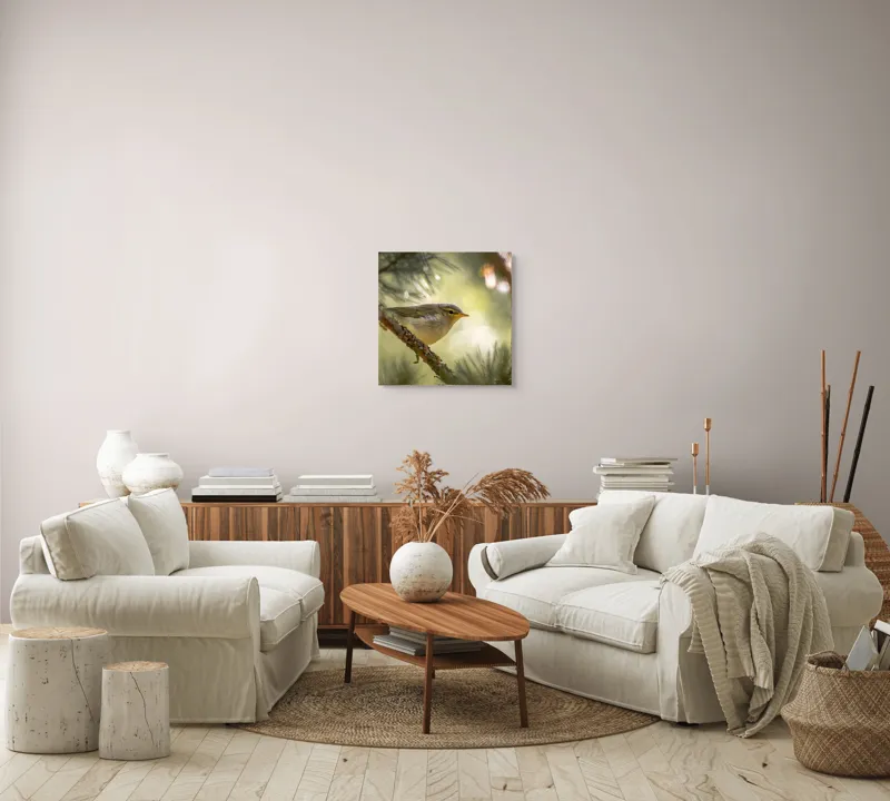 Tablou Canvas, "Pitic de pădure printre crengi verzi", Pene, Ramuri, Lumina, Verdeață, Pasăre, Natură, Lumină, Blândețe, Fragilitate, Delicatețe, 50 x 50 cm – poza 7
