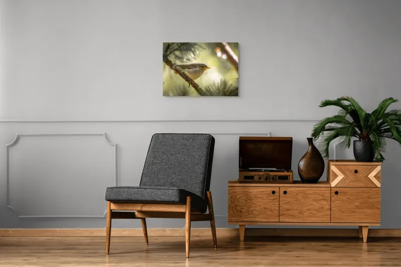 Tablou Canvas, "Pitic de pădure printre crengi verzi", Pene, Ramuri, Lumina, Verdeață, Pasăre, Natură, Lumină, Blândețe, Fragilitate, Delicatețe, 70 x 50 cm – poza 4