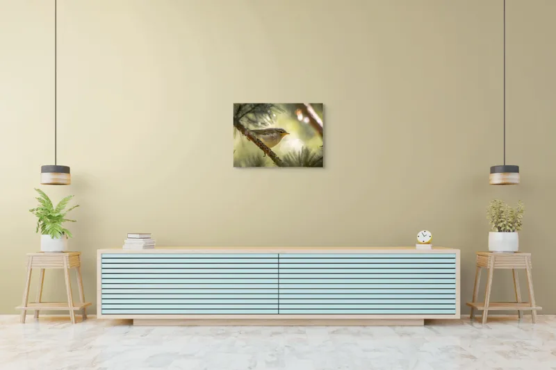 Tablou Canvas, "Pitic de pădure printre crengi verzi", Pene, Ramuri, Lumina, Verdeață, Pasăre, Natură, Lumină, Blândețe, Fragilitate, Delicatețe, 70 x 50 cm – poza 7
