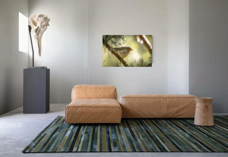 Tablou Canvas, "Pitic de pădure printre crengi verzi", Pene, Ramuri, Lumina, Verdeață, Pasăre, Natură, Lumină, Blândețe, Fragilitate, Delicatețe, 90 x 50 cm – poza 8