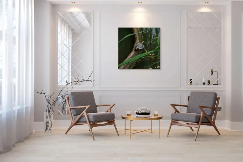 Tablou Canvas, "Broasca țestoasă pe trunchi de copac", Broască, Țestoasă, Lemn, Apă, Frunze, Reflexii, Natură, Verde, Relaxare, 100 x 100 cm – poza 7