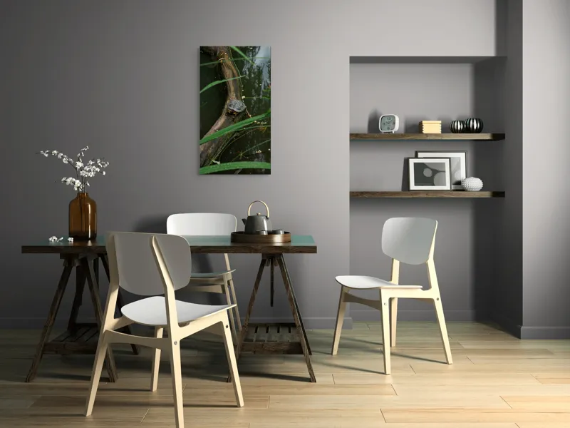 Tablou Canvas, "Broasca țestoasă pe trunchi de copac", Broască, Țestoasă, Lemn, Apă, Frunze, Reflexii, Natură, Verde, Relaxare, 50 x 90 cm – poza 4