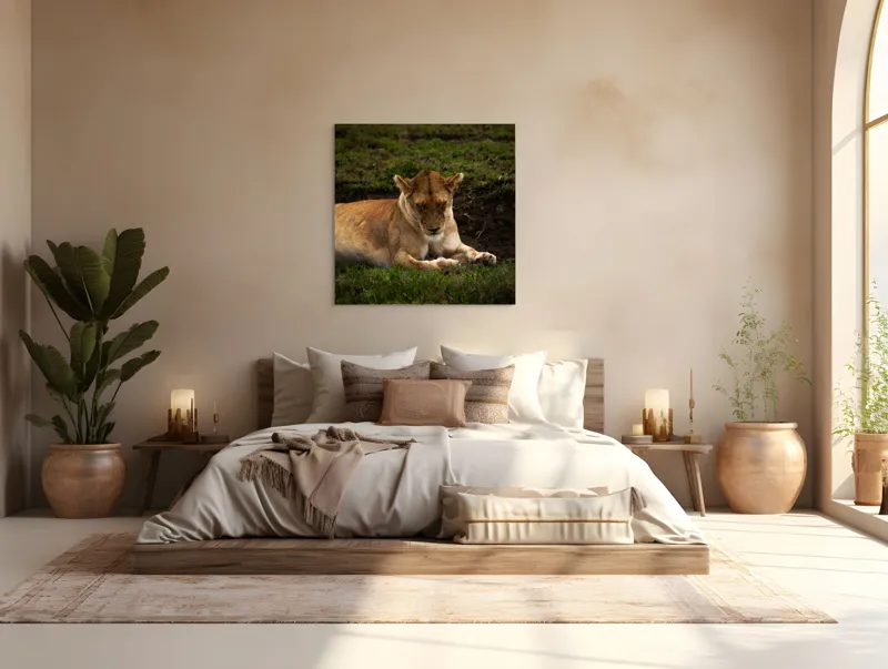 Tablou Canvas, "Leoaica odihnindu-se în savană africană", Leoaică, Odihnă, Iarbă, Serenitate, Natură, 100 x 100 cm – poza 4