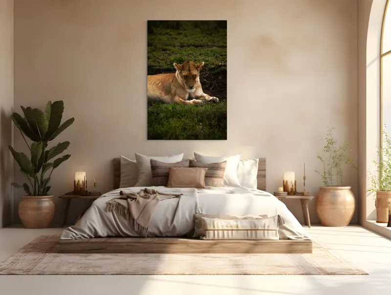 Tablou Canvas, "Leoaica odihnindu-se în savană africană", Leoaică, Odihnă, Iarbă, Serenitate, Natură, 100 x 150 cm – poza 3