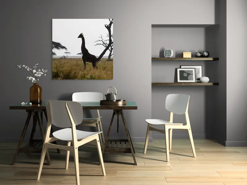 Tablou Canvas, "Girafă în lumină de amurg africană", Giraffă, Siluetă, Savannah, Apus, Copaci, Sălbăticie, Natură, Serengeti, Peisaj, Tranquilitate, 100 x 100 cm – poza 6