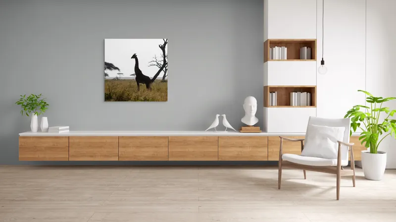 Tablou Canvas, "Girafă în lumină de amurg africană", Giraffă, Siluetă, Savannah, Apus, Copaci, Sălbăticie, Natură, Serengeti, Peisaj, Tranquilitate, 100 x 100 cm – poza 8